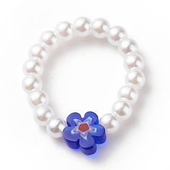 Blue Plastic Imitation Pearl & Millefiori Glass Beaded Finger Ring for Women, Blue, US Size 7 3/4(17.9mm)