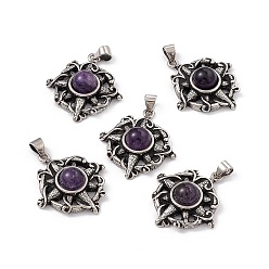 Amethyst Natural Amethyst Pendants, Flat Round Charms with Flower, with Antique Silver Color Brass Findings, 26x23.5x7.5mm, Hole: 4x4mm
