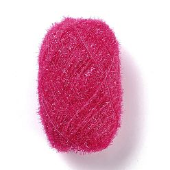 Fuchsia Polyester Crochet Yarn, Sparkling Scrubby Yarn, for Dish Scrubbies, Dishcloth, Decorating Crafts Knitting, Fuchsia, 10~13x0.5mm, 218.72 yard(200m)/roll