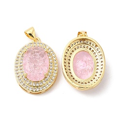 Pink Real 16K Gold Plated Brass Micro Pave Cubic Zirconia Pendants, with Glass, Oval Charms, Pink, 23x17x8mm, Hole: 5x3.5mm