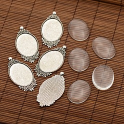 Antique Silver Tibetan Style Alloy Pendant Cabochon Settings, Oval with Flower and Transparent Oval Glass Cabochons, Antique Silver, Tray: 40x30mm, 63x32x2mm, Hole: 4mm, Glass Cabochons: 40x30x8mm