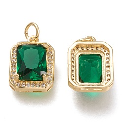 Green Brass Glass Charms, with Micro Pave Clear Cubic Zirconia and Jump Ring, Rectangle, Real 18K Gold Plated, Green, 14.5x10.5x5mm, Hole: 3.4mm