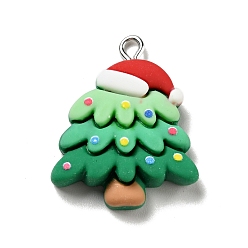 Sea Green Christmas Opaque Resin Pendants, with Platinum Tone Iron Loops, Christmas Tree with Hat Charm, Sea Green, 28.5x22x6.5mm, Hole: 2x2.8mm