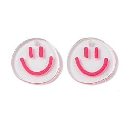 Fuchsia Transparent Printed Acrylic Pendants, Flat Round with Smiling Face Charm, Fuchsia, 20.5~21x20~21x2mm, Hole: 1.6mm