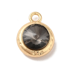 Black Glass Pendants, Rack Plating Golden Alloy Findings, Nickel Free, Flat Round Charms, Black, 15x11.5x6mm, Hole: 2mm
