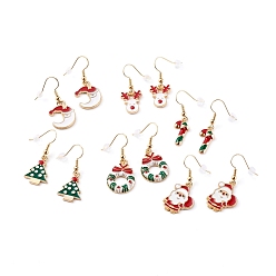 Mixed Color Christmas Theme Alloy Enamel Dangle Earrings Sets, with Brass Earring Hooks and Plastic Ear Nuts, Christmas Tree/Moon/Reindeer/Santa Claus/Wreath/Candy Cane, Golden, Mixed Color, 37~40mm, Pin: 0.8mm, 6 pairs/set