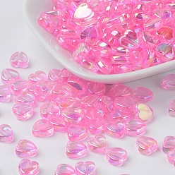 Pink Eco-Friendly Transparent Acrylic Beads, Heart, Pink, AB Color, about 8mm in diameter, 3mm thick, hole: 1mm, about 2800pcs/500g