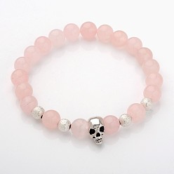 Quartz Rose Skull design unique pierre naturelle bracelets perles extensibles, avec perles d'alliage et perles de laiton texturées, quartz rose, 53mm