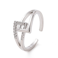 Platinum Clear Cubic Zirconia Interlocking Triangle Knot Open Cuff Ring, Brass Jewelry for Women, Platinum, US Size 7 1/4(17.5mm)