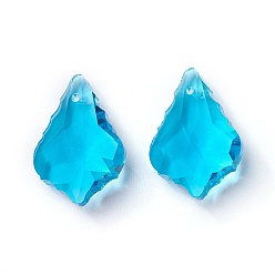 Deep Sky Blue Faceted Glass Pendants, Leaf, Deep Sky Blue, 22x15.5x8.5mm, Hole: 1mm
