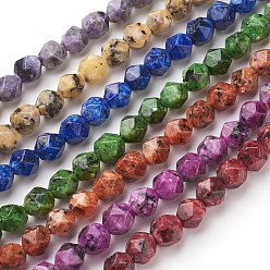 Mixed Color Natural Sesame Jasper/Kiwi Jasper Beads Strands, Star Cut Round Beads, Dyed, Faceted, Mixed Color, 7~8mm, Hole: 1mm, about 47~48pcs/strand, 14.5 inch~15 inch(37~38cm)