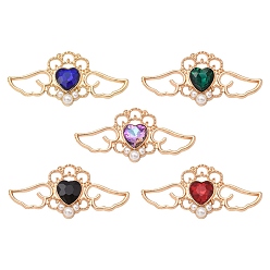 Mixed Color 5Pcs 5 Colors Rack Plating Alloy Rhinestone Pendants, with Plastic Imitation Pearl, Wing with Heart Charms, Mixed Color, 19.5x41x4.5mm, 1Pc/color