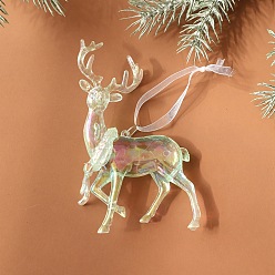 Deer Christmas Transparent Plastic Pendant Decoration, for Christma Tree Hanging Decoration, with Iron Ring and Net Gauze Cord, Pale Green, Deer, 145mm, Deer: 130x87x23mm