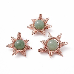 Green Aventurine Natural Green Aventurine Pendants, Sun Charms, with Rack Plating Rose Gold Tone Brass Findings, Cadmium Free & Lead Free, 26~28x24~28x10mm, Hole: 2x4mm