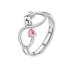 Rose Nacré Bague réglable à l'infini avec strass de style couleur pierre de naissance, anneau perlé rotatif en laiton platine pour une méditation apaisante sur les soucis, perle rose, taille us 8 (18.1 mm)