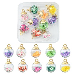 Mixed Color 10Pcs 10 Style Glass Ball Pendants, with Mixed Polymer Clay Fruit Inside & Golden CCB Plastic Pendant Bails, Round Charms, Mixed Color, 21.5x16mm, Hole: 2mm, 1Pc/style