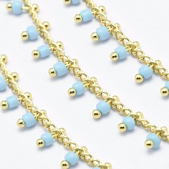 Bleu Ciel Clair Main chaînes de perles de verre, soudé, avec bobine, chaîne en laiton, or, plaqué longue durée, lumière bleu ciel, 6x2mm, chaîne: environ 2 mm de large, environ 32.8 pieds (10 m)/rouleau