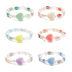 Mixed Color Acrylic Heart & Glass Pearl Beaded Stretch Bracelet for Kids, Mixed Color, Inner Diameter: 1-3/4 inch(4.6~5.1cm)