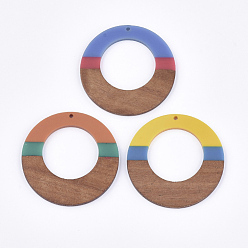 Couleur Mélangete Pendentifs en bois de résine et de noyer, tricolore, plat rond, couleur mixte, 49x3~3.5mm, Trou: 2mm
