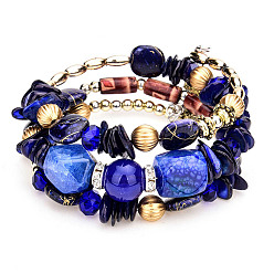 Marine Blue Alloy & Resin Beads Three Loops Wrap Style Bracelet, Bohemia Style Bracelet for Women, Marine Blue, 7-1/8 inch(18cm)