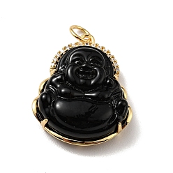 Black Natural Dyed Jade Pendants, with Rack Plating Real 18K Gold Plated Brass Findings and Jump Ring, Laughing Buddha, Cadmium Free & Nickel Free & Lead Free, Black, 24x19x7.5mm, Jump Ring: 5x0.7mm, Hole: 3.4mm