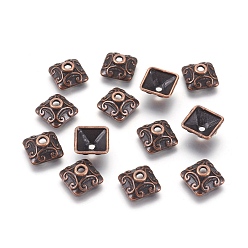 Red Copper Tibetan Style Alloy Caps, Square, Lead Free and Cadmium Free, Red Copper, 10x10x5mm, Hole: 2mm