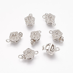 Platinum Plated Box Clasps, Brass, Flower, Platinum Color, 10mm wide, 15mm long, hole: 1~2mm