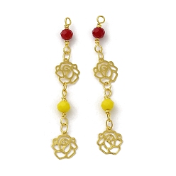 Yellow Glass Beaded Pendants, with Real 18K Gold Plated Brass Loop, Rose Flower Charm, Yellow, 47x8x4mm, Hole: 1.6mm