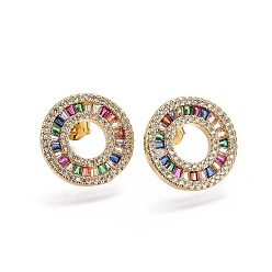 Colorful Brass Micro Pave Cubic Zirconia Stud Earrings, Ring, Golden, Colorful, 13.7x16.3x2.2mm, Pin: 0.7mm