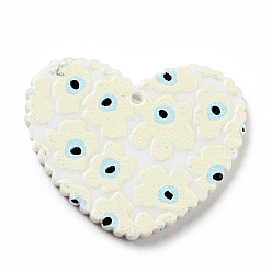 Old Lace Printed Acrylic Pendants, Heart with Flower Pattern, Old Lace, 26x31.5x2mm, Hole: 1.5mm