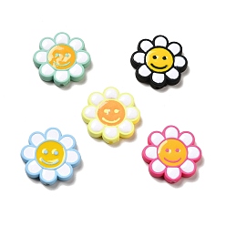 Mixed Color Opaque Acrylic Beads, with Enamel, Flower with Smiling Face, Mixed Color, 24.5~25x4mm, Hole: 1.5mm