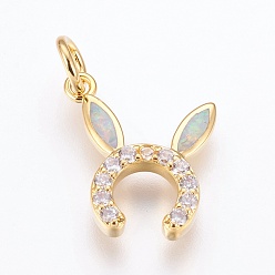 White Brass Cubic Zirconia Bunny Pendants, with Synthetic Opal, Rabbit Ears, Golden, White, 17x15x3mm, Hole: 4mm
