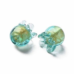Turquoise Handmade Gold Foil Lampwork Beads, Jellyfish, Turquoise, 8.5~9.5x8.5mm, Hole: 1~1.5mm
