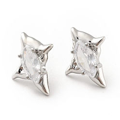 Clair Boucles d'oreilles clous étoile zircone cubique, bijoux en laiton plaqué platine pour femme, sans cadmium et sans nickel et sans plomb, clair, 17x14mm, pin: 0.8 mm