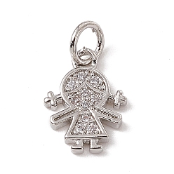 Platinum Brass Micro Pave Cubic Zirconia Charms, with Jump Rings, Girl Charms, Platinum, 12.5x9x1.5mm, Hole: 3.4mm