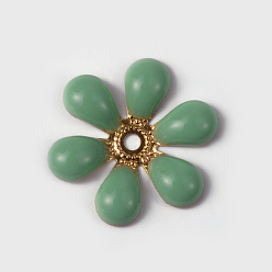 Medium Sea Green Flower Brass Enamel Beads, Golden, Medium Sea Green, 16x18x2mm, Hole: 2mm