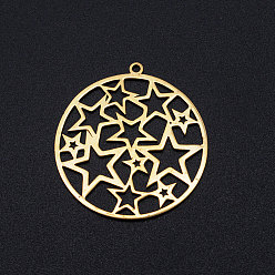 Golden 201 Stainless Steel Filigree Charms, Flat Round with Star, Golden, 32x30x1mm, Hole: 1.6mm