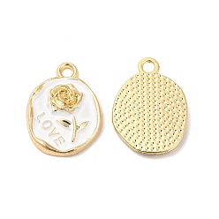 White Alloy Enamel Pendants, Cadmium Free & Nickel Free & Lead Free, Golden, Oval with Rose Pattern Charm, White, 21x15.5x2.5mm, Hole: 2mm