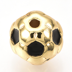 Golden Brass Enamel Beads, FootBall/Soccer Ball, Black, Golden, 10mm, Hole: 1.5mm