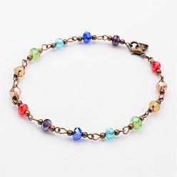 Colorful Glass Beads Anklets, Faceted, with Metal Findings, Antique Bronze, Colorful, 250mm(9-7/8 inch)