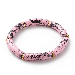 Pink Pulsera elástica con cuentas de tubo curvo acrílico, pulsera de amistad de bambú grueso para mujer, rosa, diámetro interior: 2-1/8 pulgada (5.3 cm)