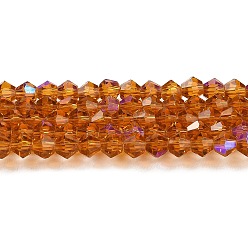 Dark Orange Transparent Electroplate Glass Beads Strands, AB Color Plated, Faceted, Bicone, Dark Orange, 4x4mm, Hole: 0.8mm, about 87~98pcs/strand, 12.76~14.61 inch(32.4~37.1cm)