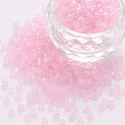 Pearl Pink 8/0 Transparent Glass Seed Beads, Round Hole, Frosted Colours, Round, Pearl Pink, 3~4x2~3mm, Hole: 0.8mm, about 15000pcs/Pound