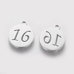 Stainless Steel Color 201 Stainless Steel Pendants, Flat Round with Number 16, Stainless Steel Color, 14x12x1.1mm, Hole: 1mm
