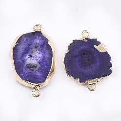 Blue Violet Electroplate Natural Druzy Agate Links connectors, with Iron Findings, Dyed, Golden, Blue Violet, 30~45x15~35x3~7.5mm, Hole: 2mm