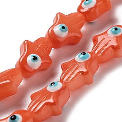 Coral Opaque Color Glass Beads Strands, with Enamel, Hamsa Hand with Evil Eye, Coral, 14x10x8mm, Hole: 1mm, about 28pcs/strand, 15.35''(39cm)