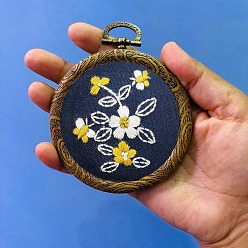 Prussian Blue DIY Pendant Decoration Embroidery Kits, Including Printed Cotton Fabric, Embroidery Thread & Needles, Embroidery Hoop, Flower Pattern, Prussian Blue, Embroidery Hoop: 100mm