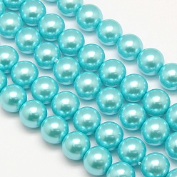 Bleu Ciel Brins de perles rondes en verre teinté écologique, Grade a, cordon en coton fileté, bleu ciel, 12mm, Trou: 0.7~1.1mm, Environ 34 pcs/chapelet, 15 pouce
