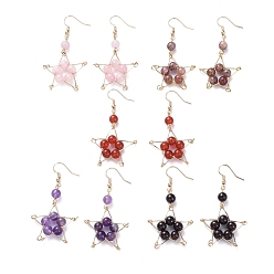 Mixed Stone Natural Gemstone Dangle Earrings, with Golden Plated Iron Eye Pin and Brass Earring Hooks, Star, 55mm, Pin: 0.7mm