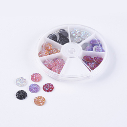 Mixed Color Resin Cabochons, Imitation Druzy Agate, Flat Round, AB Color Plated, Mixed Color, 12x3mm, about 7pcs/compartment, 42pcs/box
